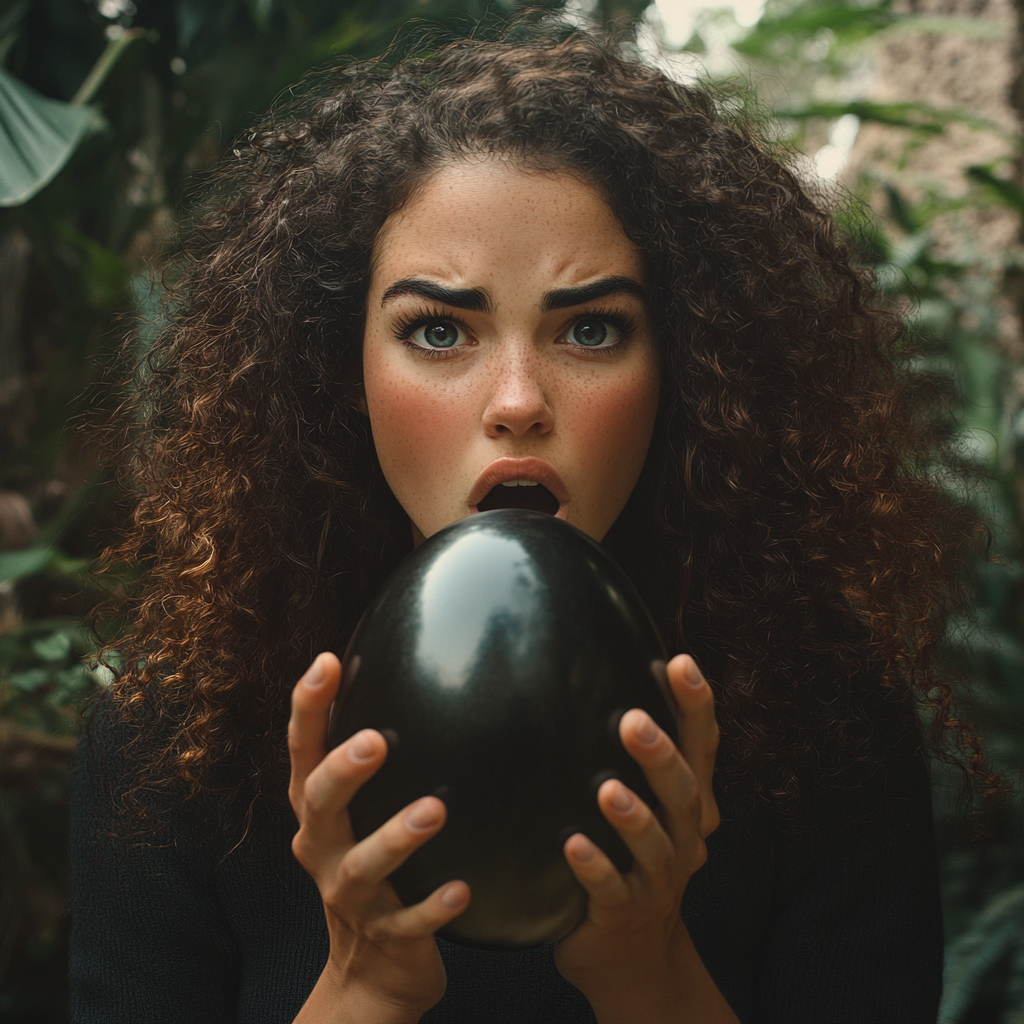 A shocked woman holding a big black egg | Source: No source
