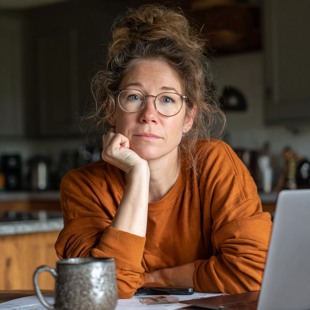 A pensive woman sitting at a kitchen table | Source: No source
