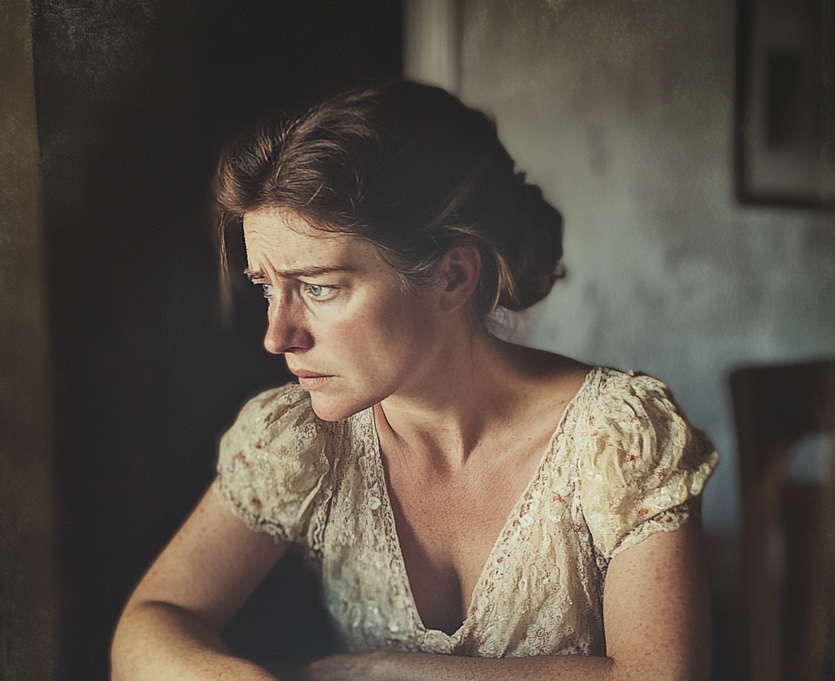An upset woman sitting at a table | Source: no source