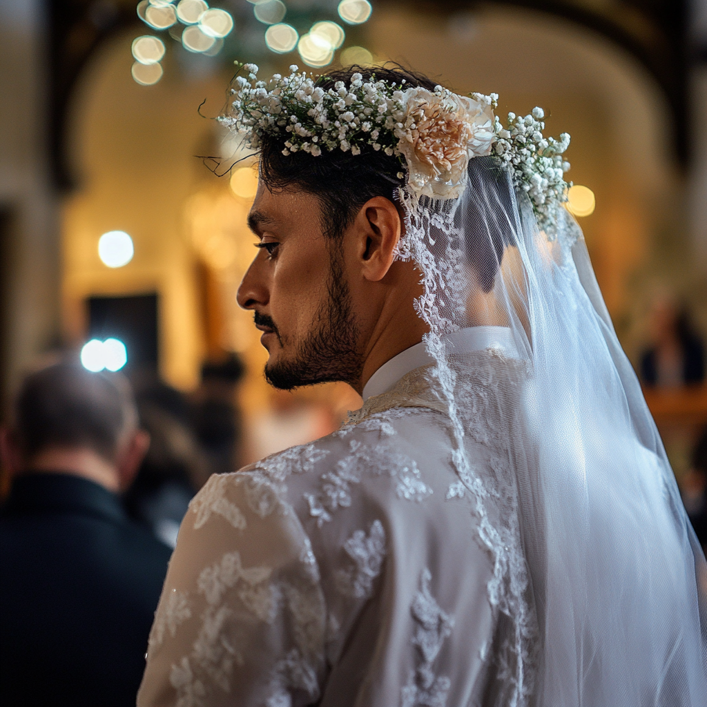 Man dressed as a bride standing at the altar | Source: No source