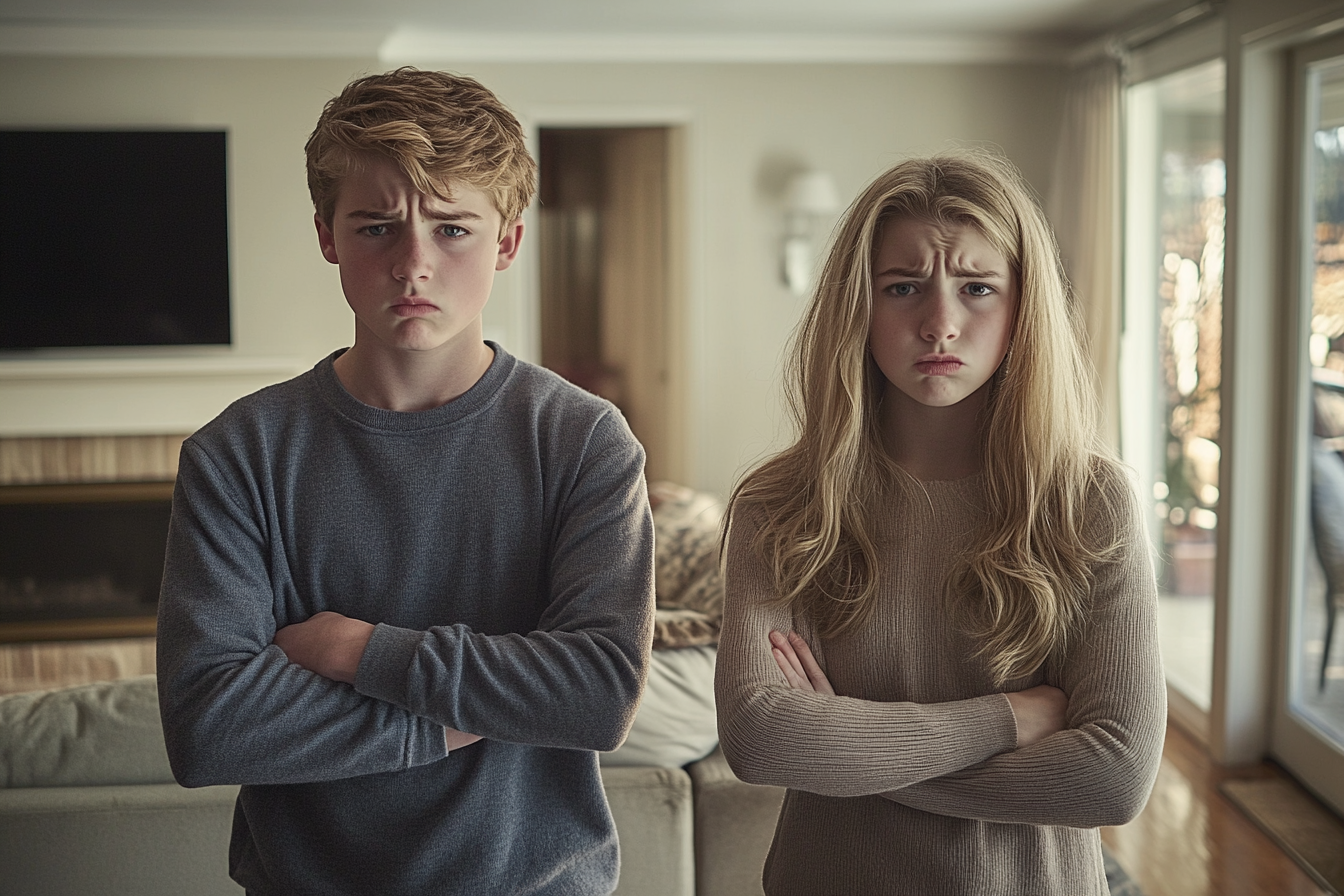 A teenage boy and girl, twins, upset in a living room | Source: No source