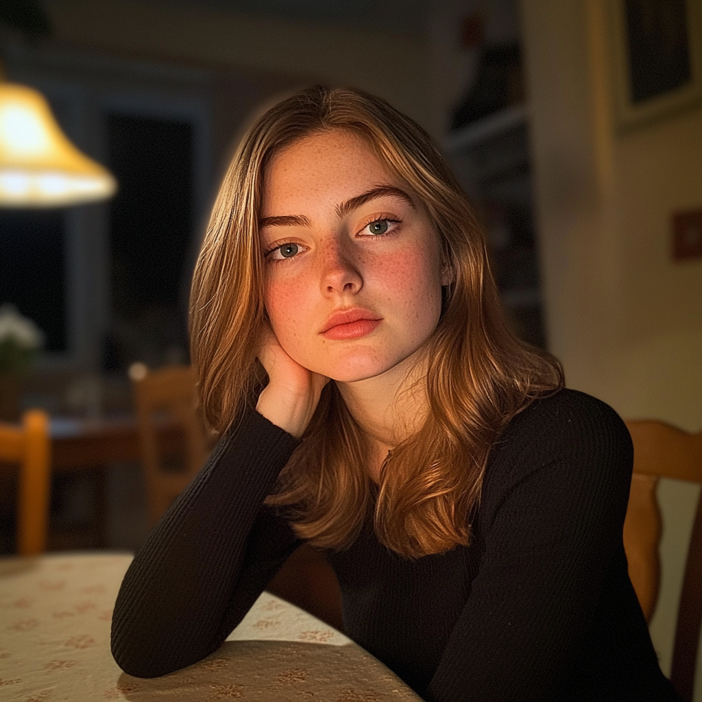A young woman sitting at a dinner table | Source: No source