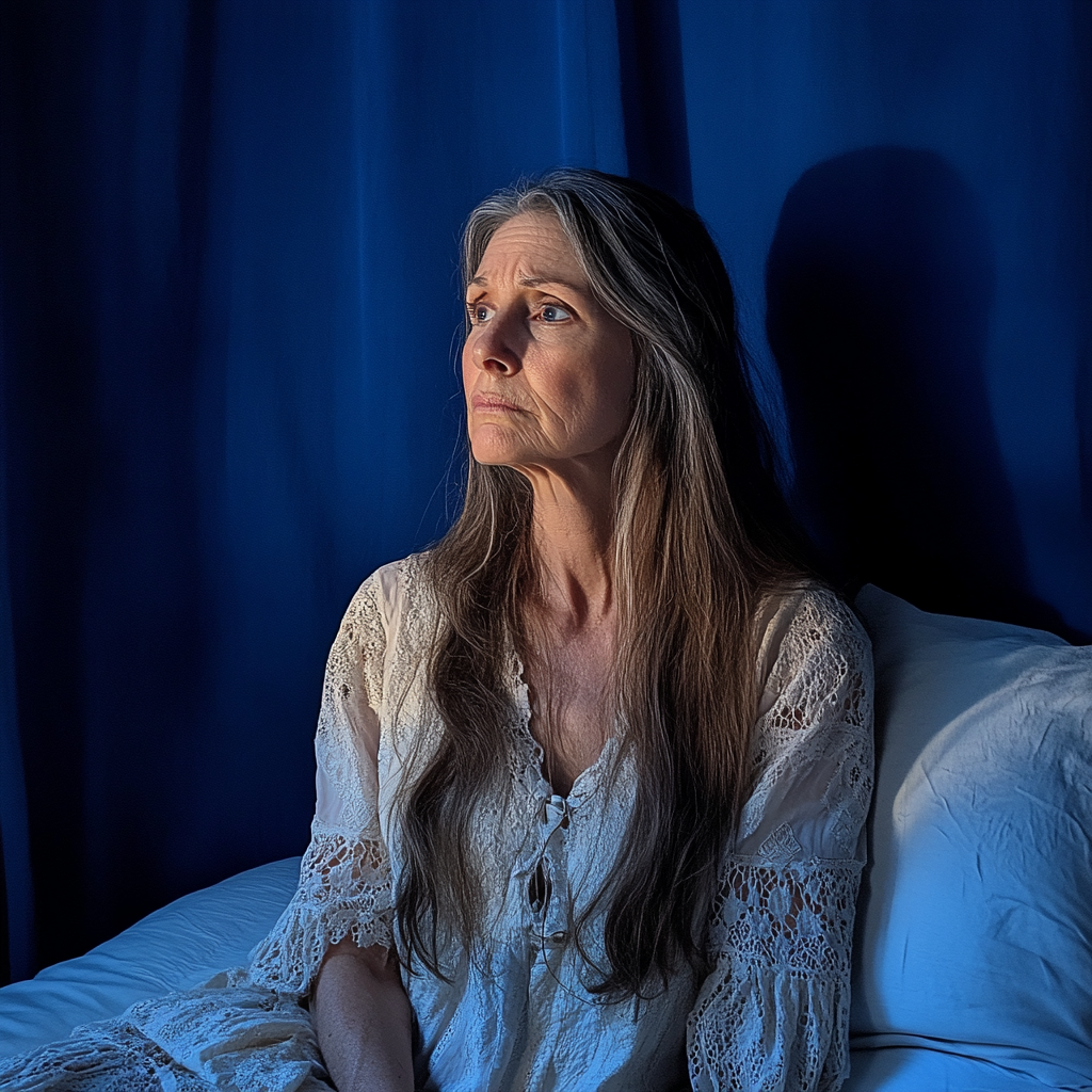 A women sitting on a bed | Source: no source