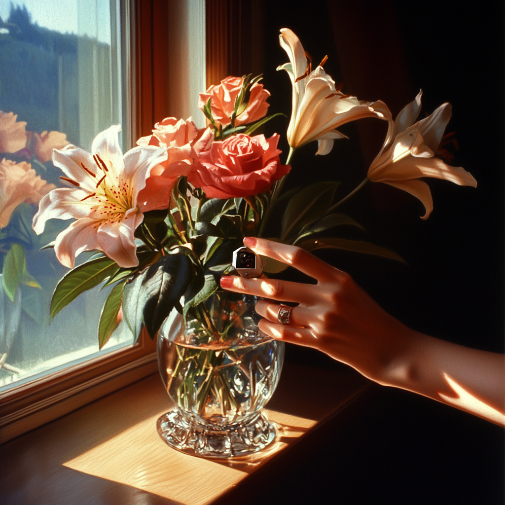 A woman hiding a small camera in a flower vase | Source: no source