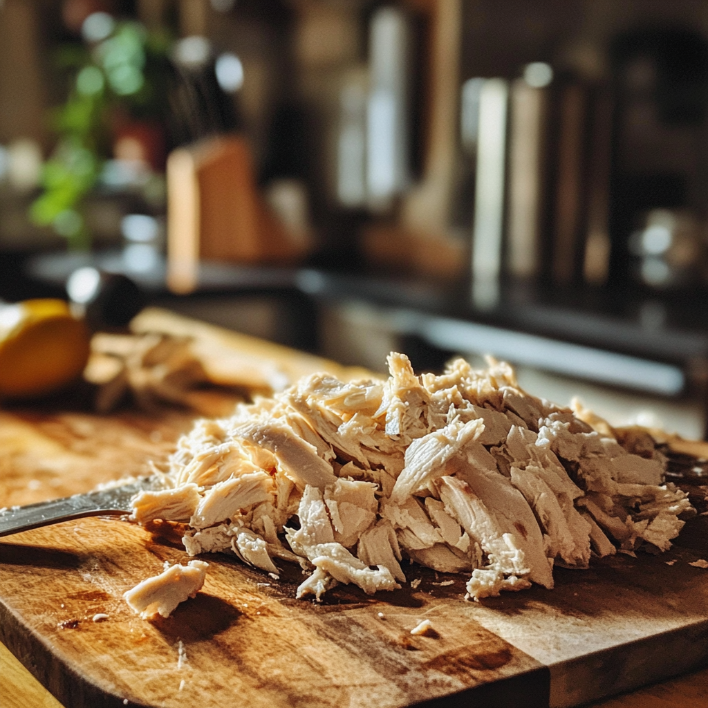 Shreded chicken on a cutting board | Source: No source