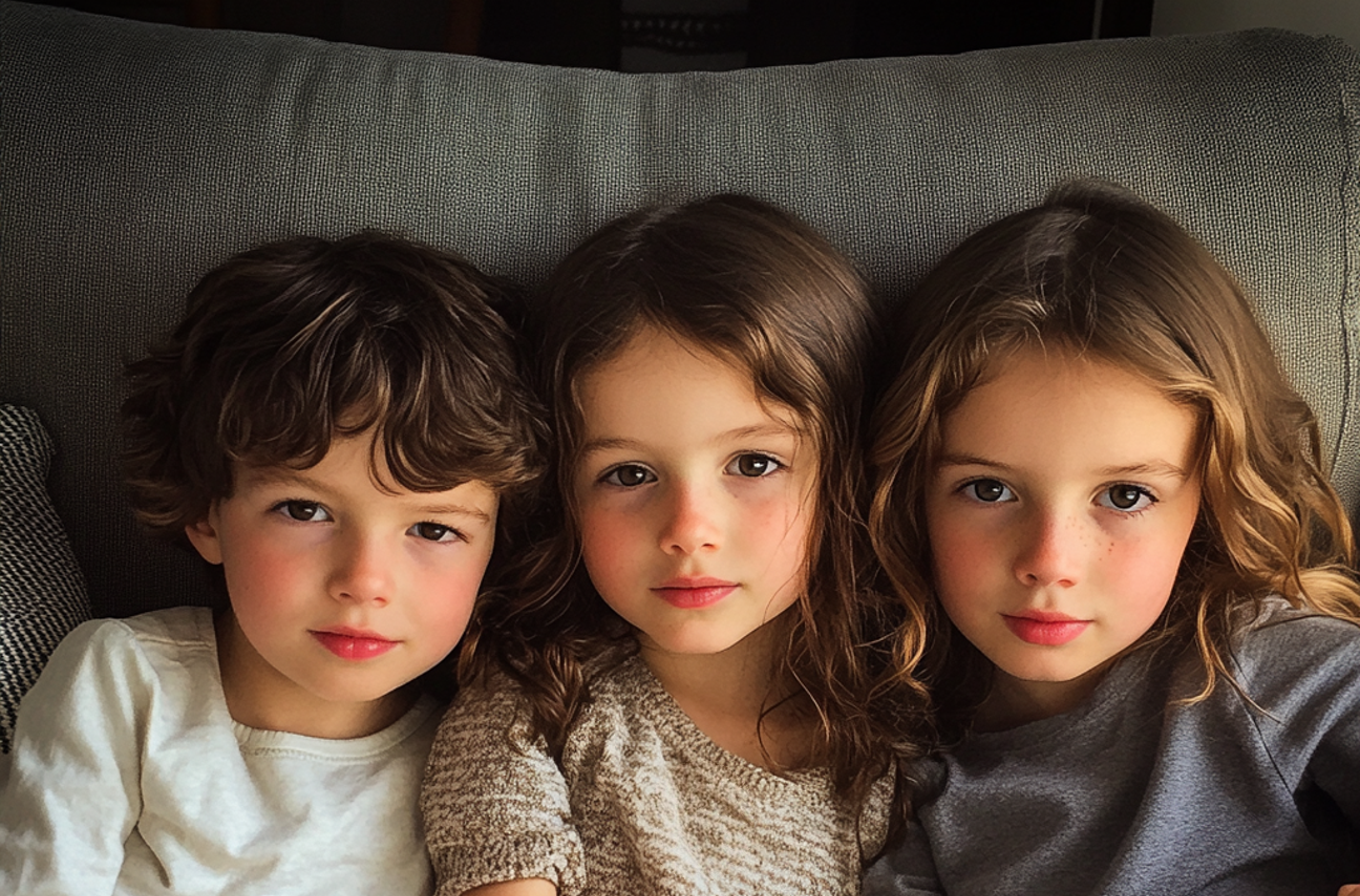 Three children sitting on a couch | Source: no source