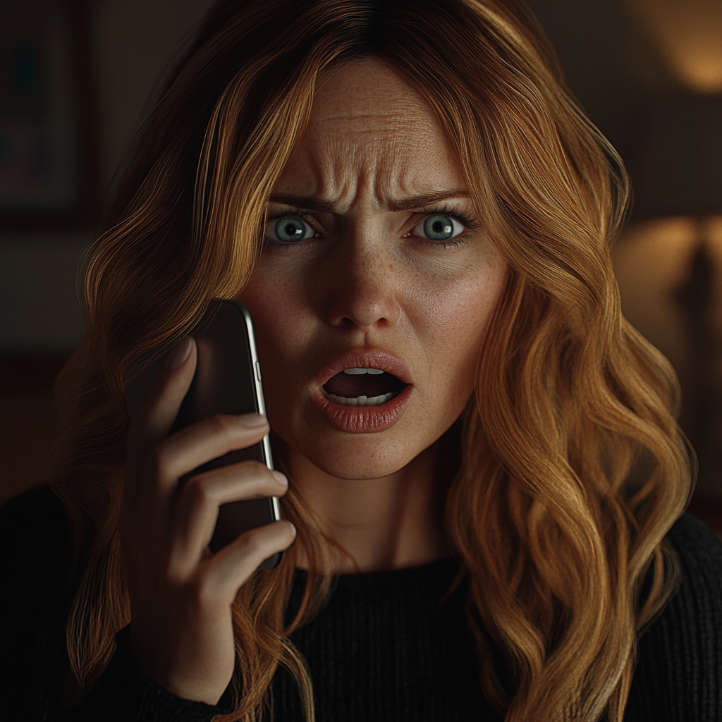 A startled woman holding her phone | Source: no source