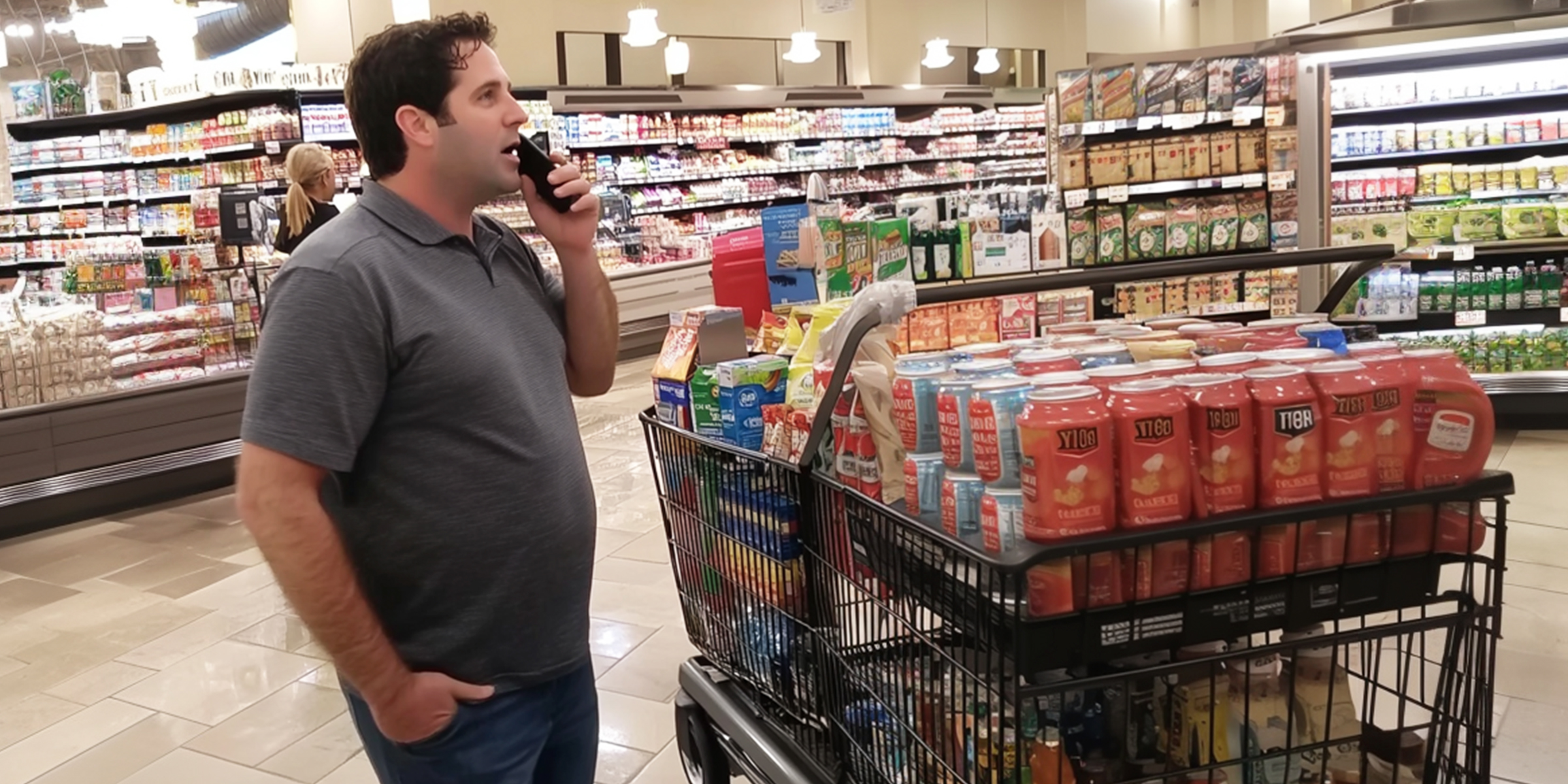 A man speaking on his phone near a shopping cart | Source: No source