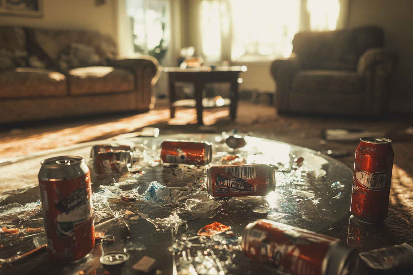 Cans and glass shards scattered across a living room floor | Source: no source