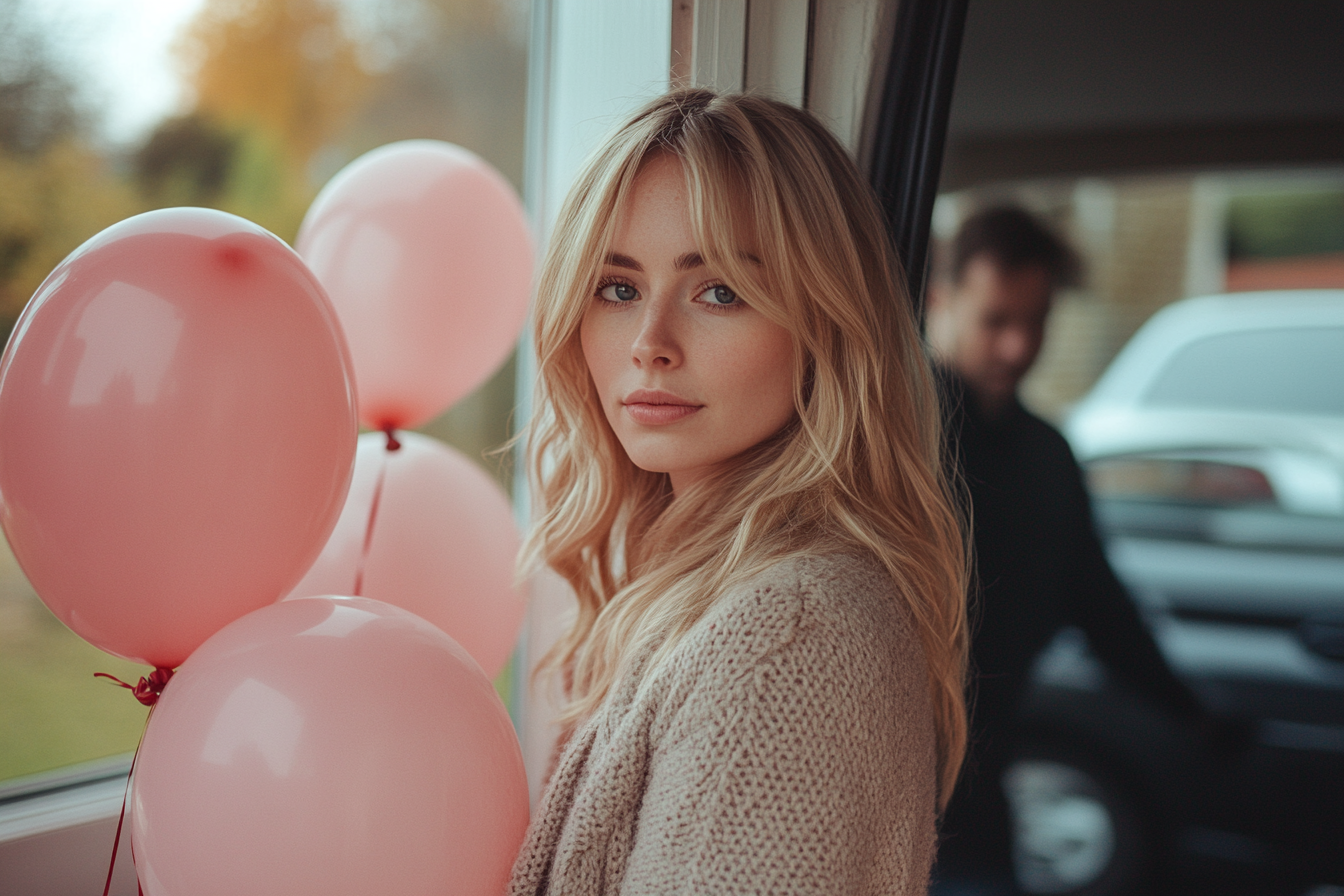 A serious woman standing at the door, holding balloons. In the background, a man is opening the trunk of a car, focused on unloading. | Source: No source