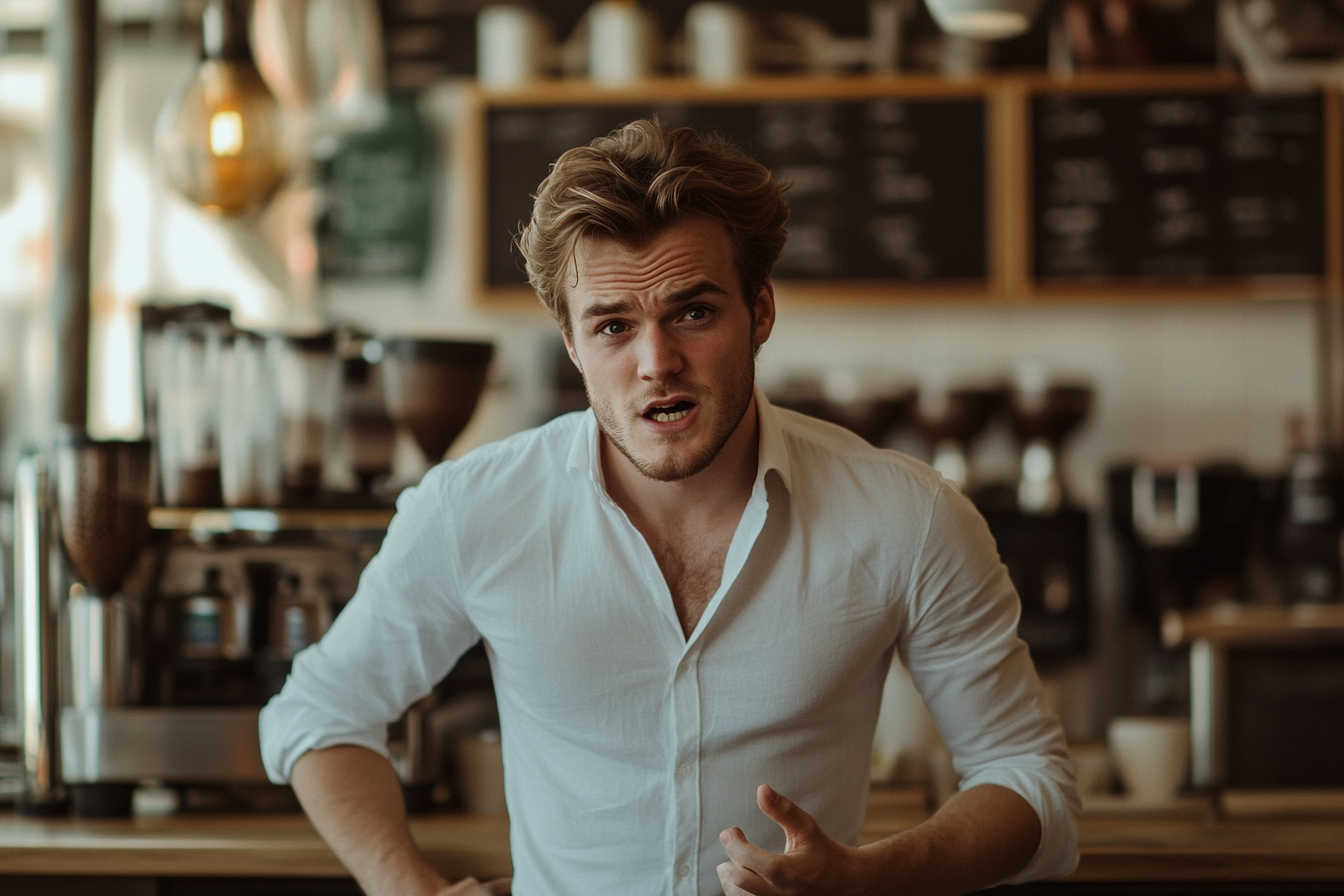 A man standing in a coffee shop, talking in an upset manner | Source: No source