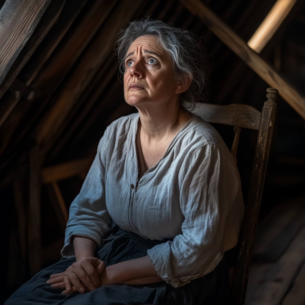 A middle-aged woman looks nervous while sitting in an attic | Source: No source