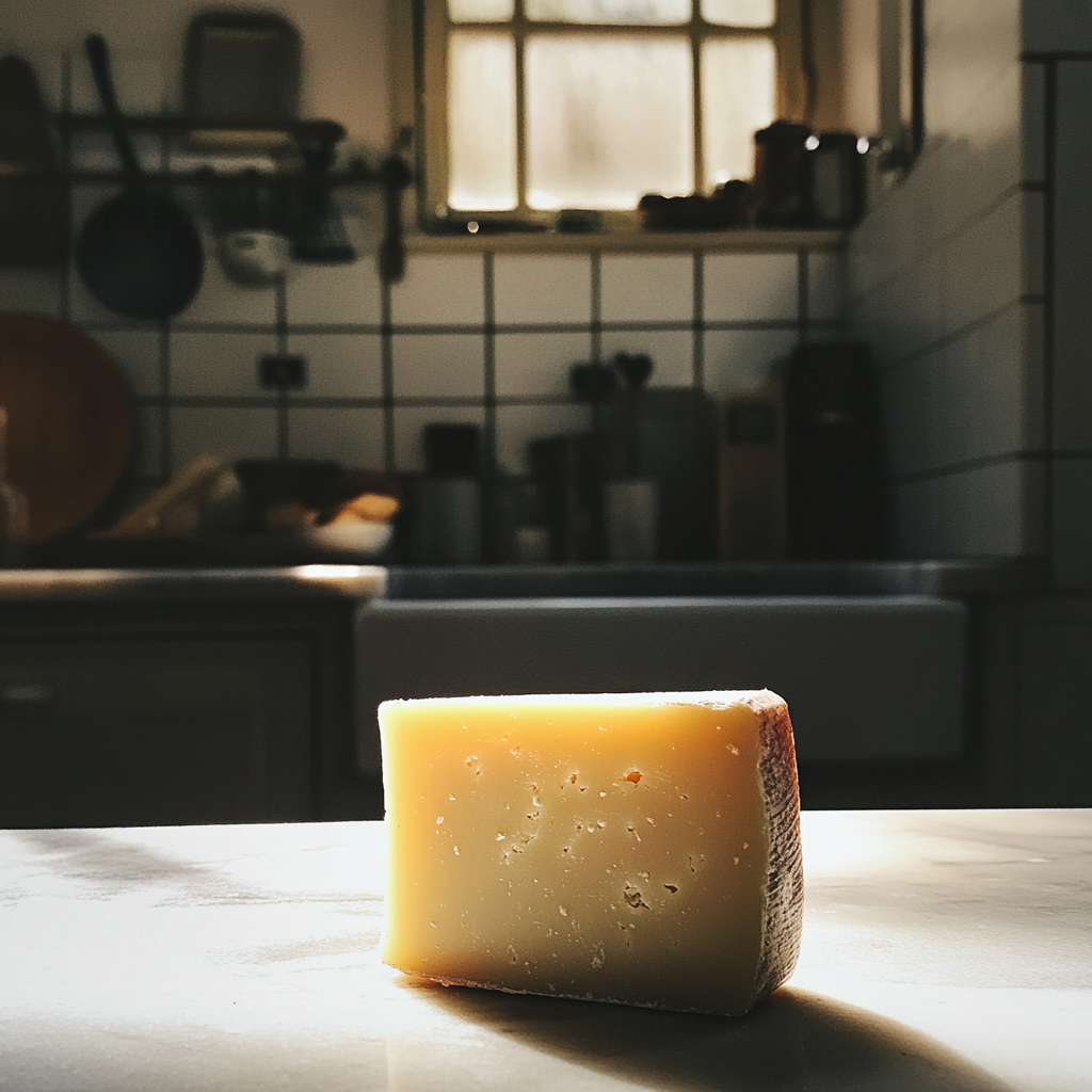 A block of cheese on a kitchen counter | Source: No source