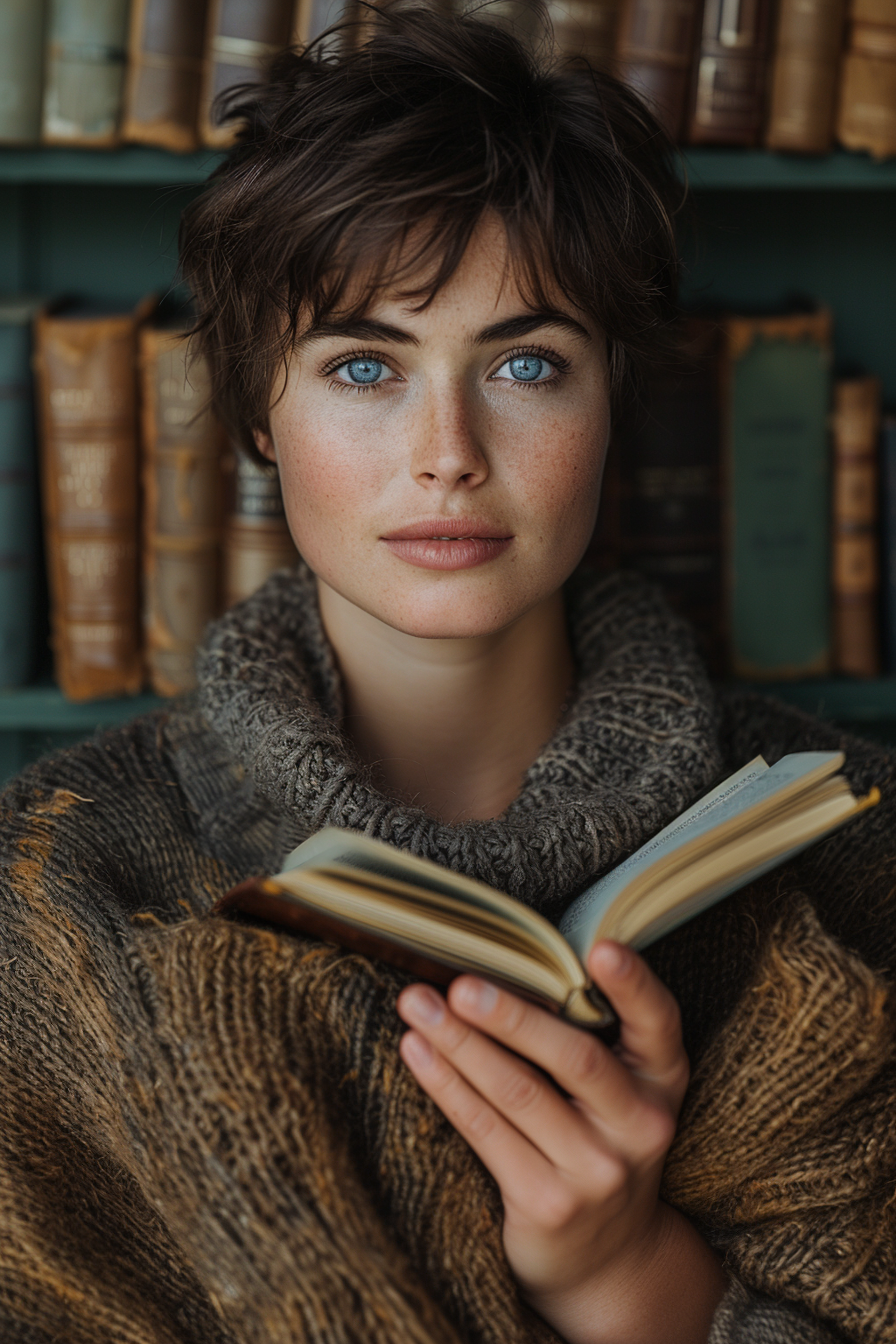 A woman posing with a book | Source: No source