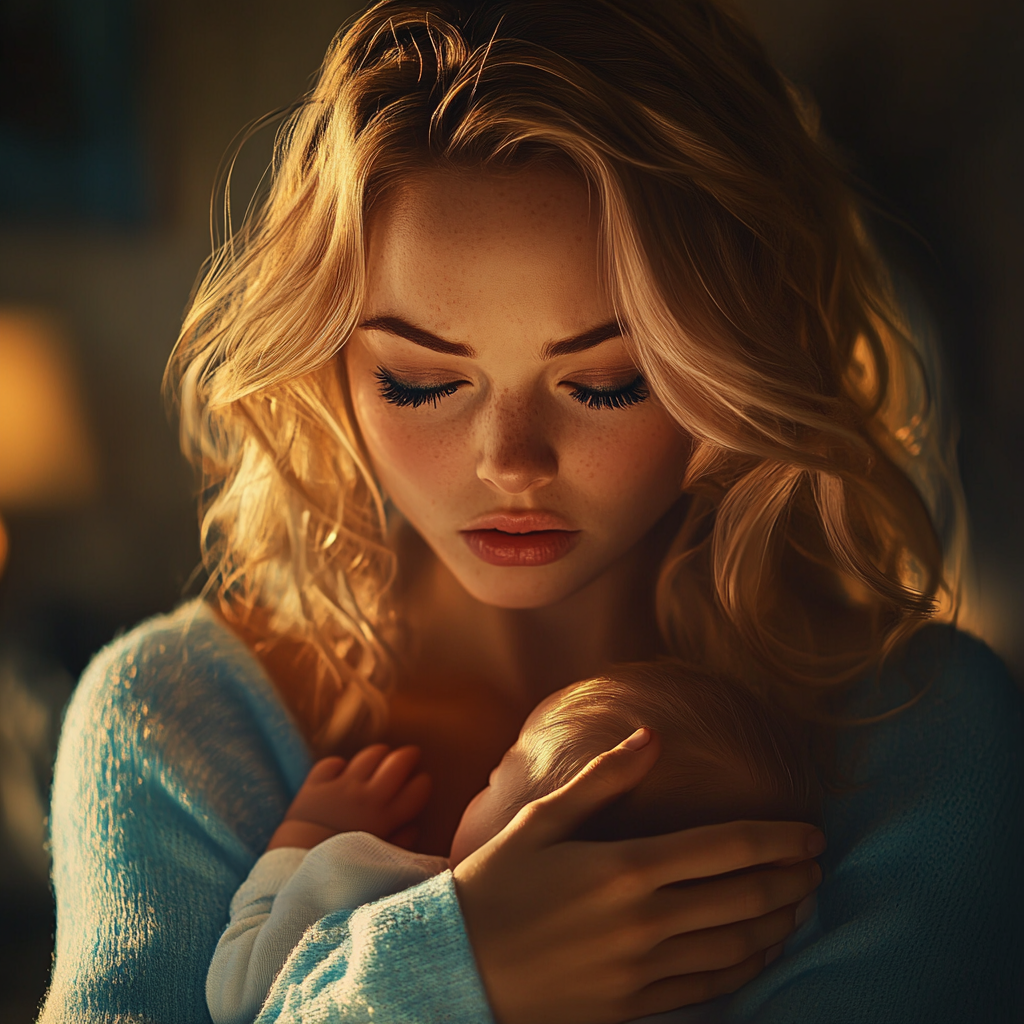An emotionally overwhelmed woman holding a baby | Source: no source