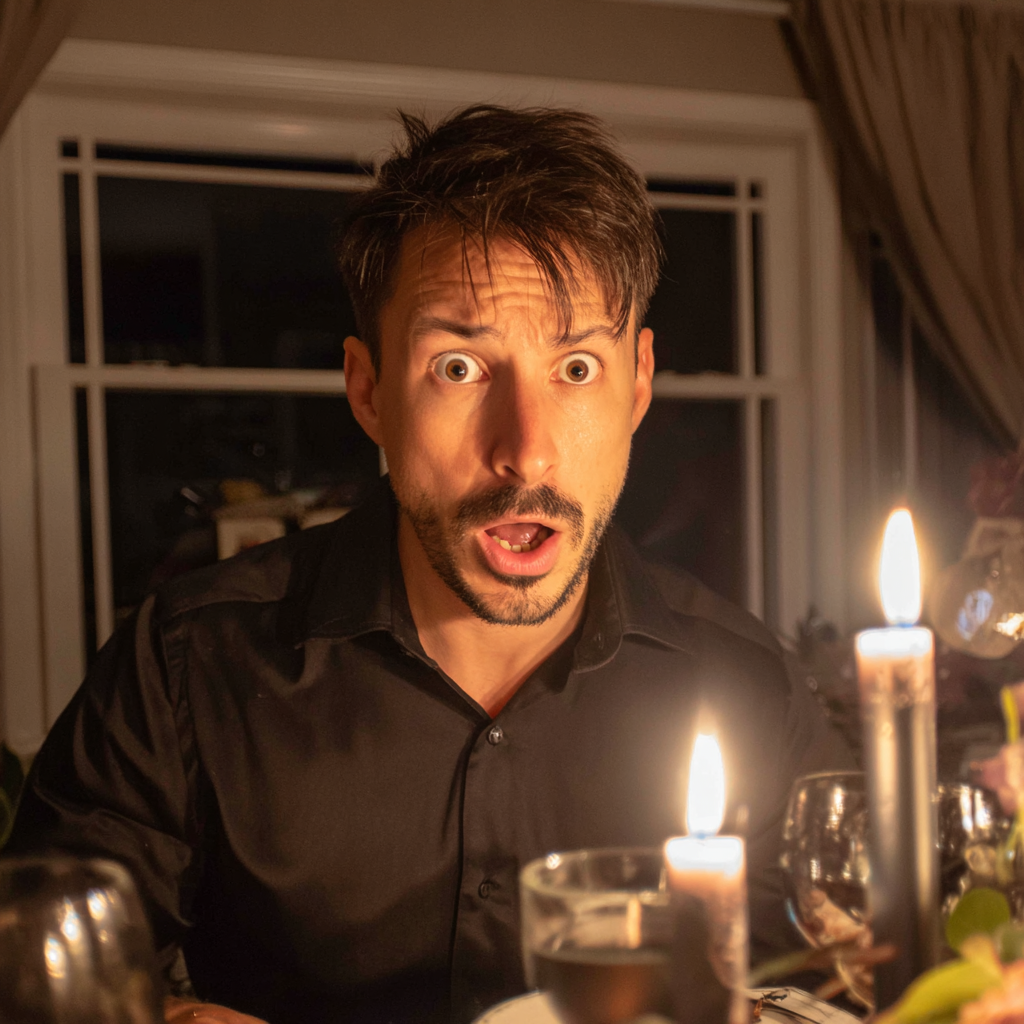 A shocked man wearing a black formal shirt | Source: no source