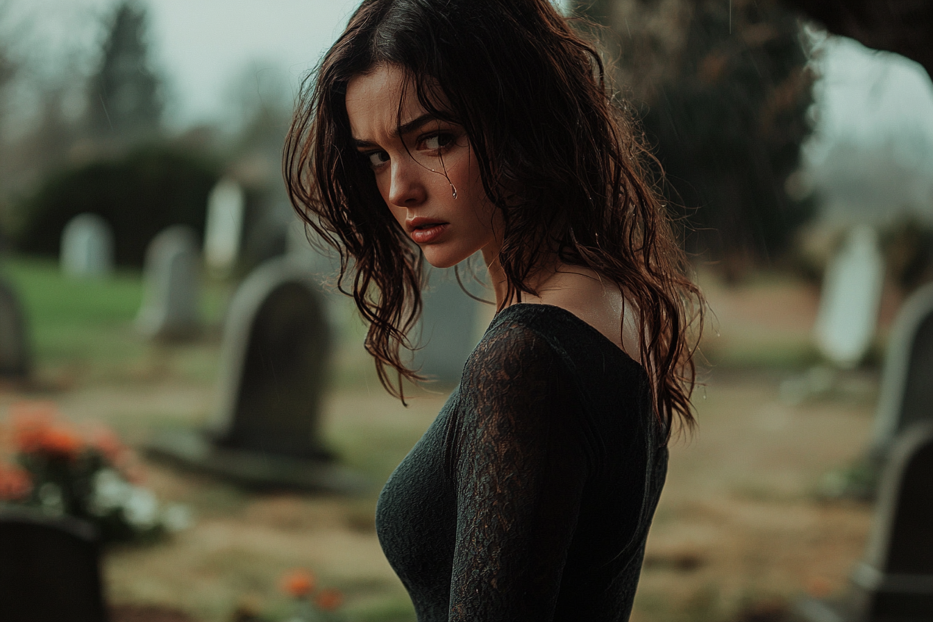 A woman looking sad and distraught in a cemetery | Source: No source