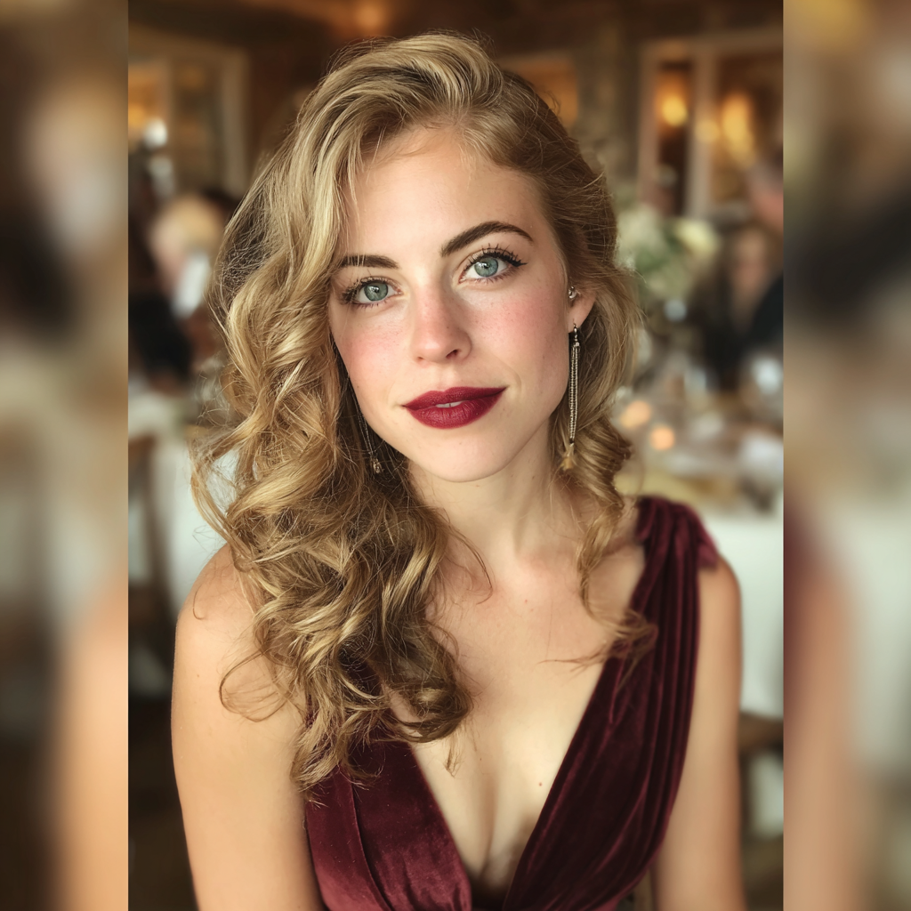 A woman wearing a maroon dress at a wedding reception | Source: no source