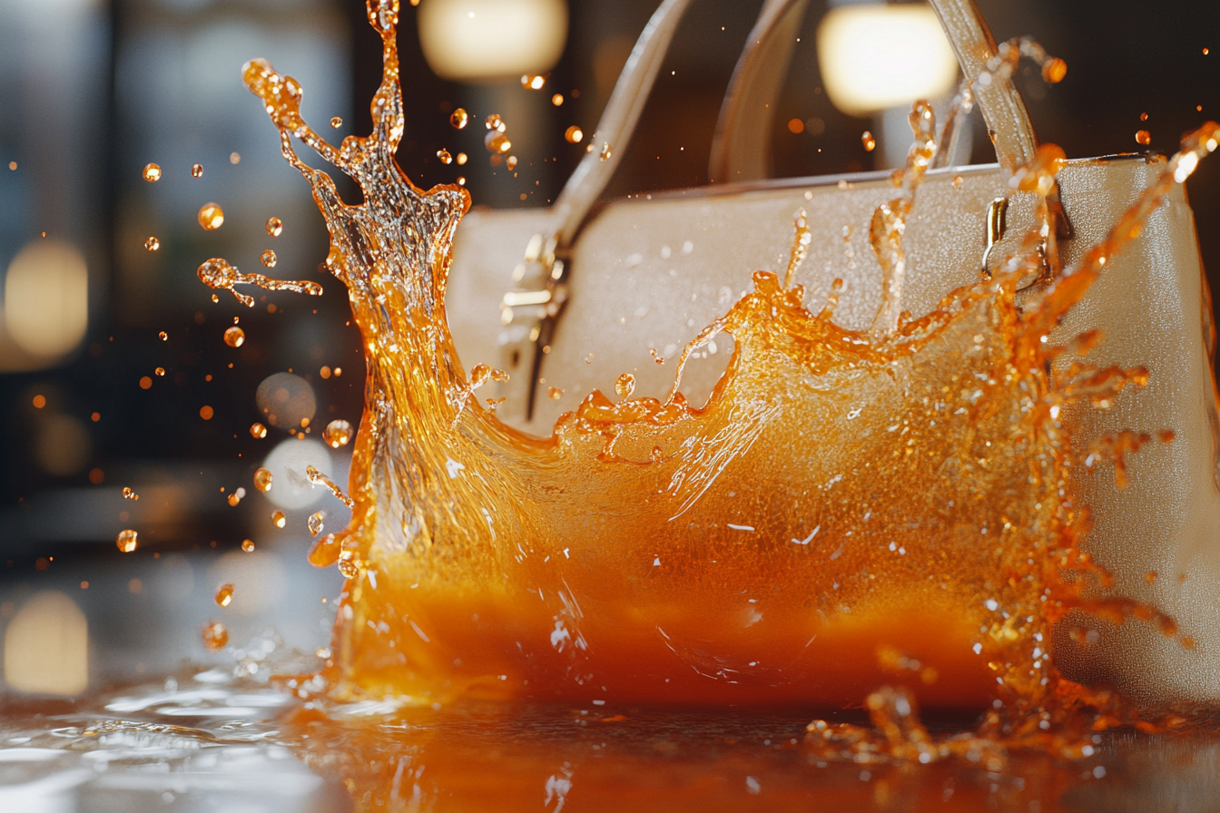 Carrot juice splashing on a shimmery designer bag | Source: No source