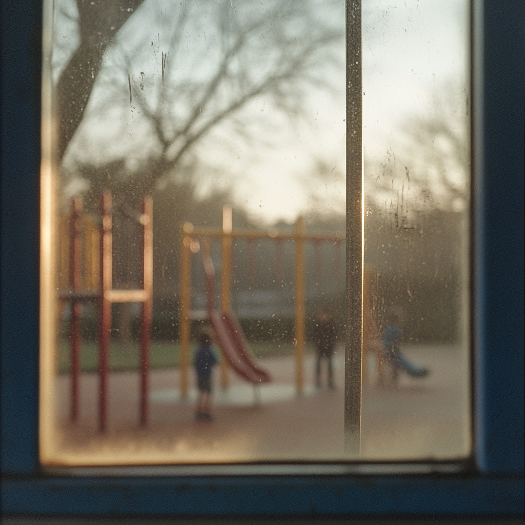 A window showing kids playing in the playground | Source: no source