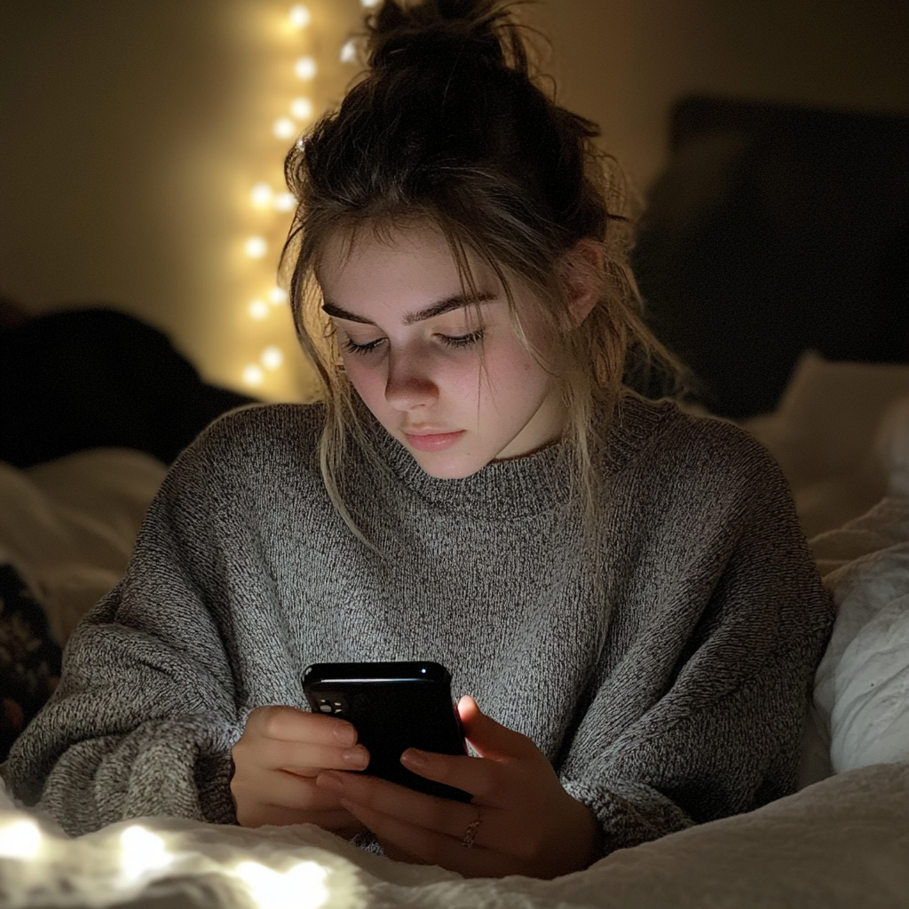 A woman looking through her husband's phone at night | Source: No source