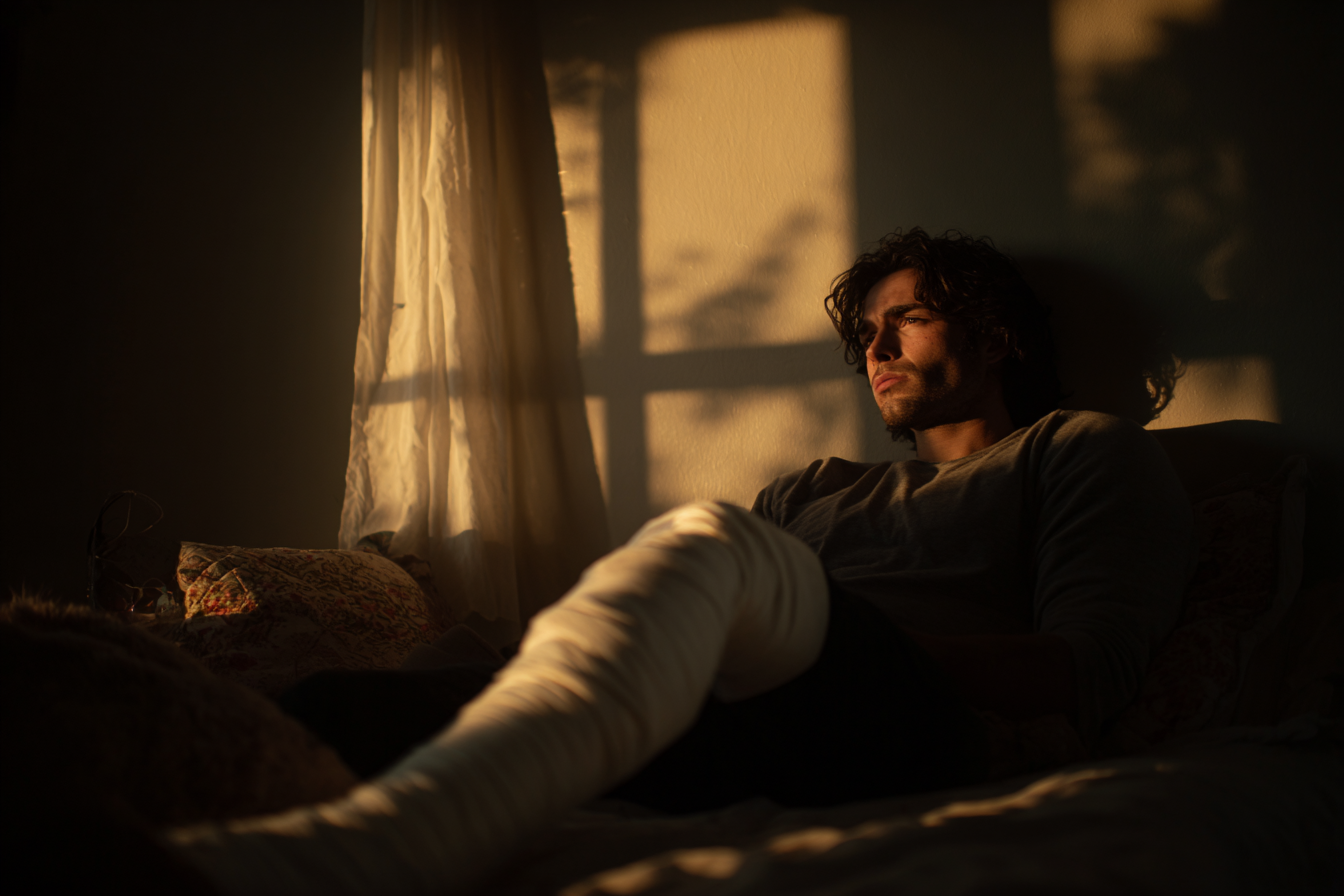 A depressed-looking man with a full leg cast | Source:  no source