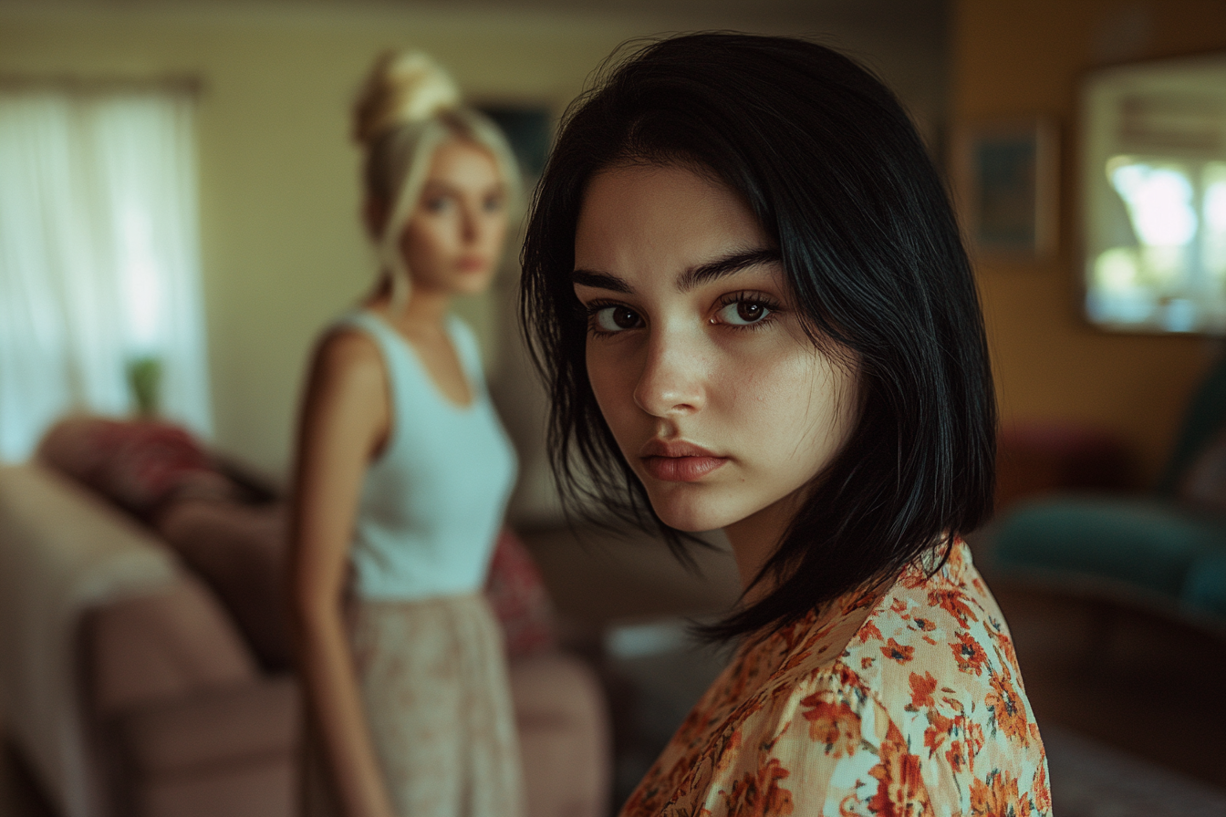18 year old woman looking sad in a living room with a blonde woman behind her | Source: No source