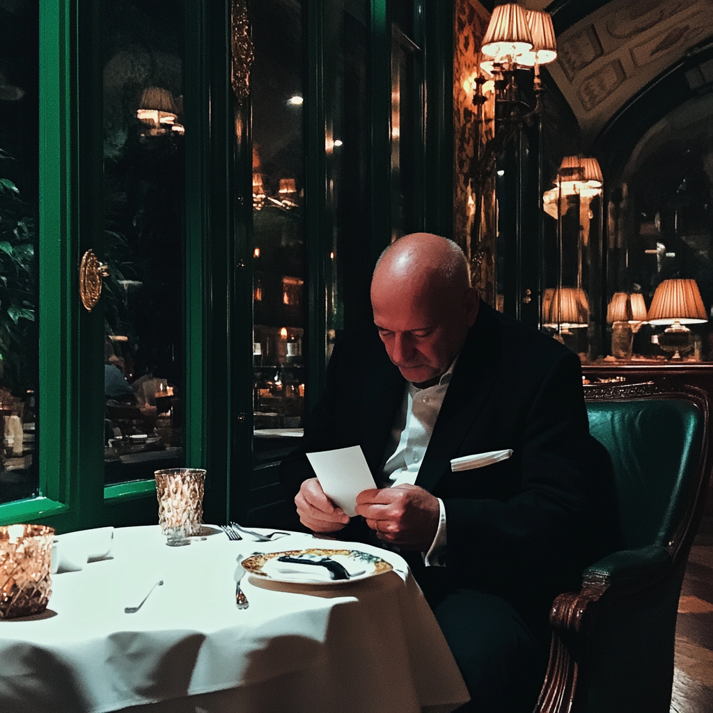 A man sitting in a restaurant holding a piece of paper | Source: No source
