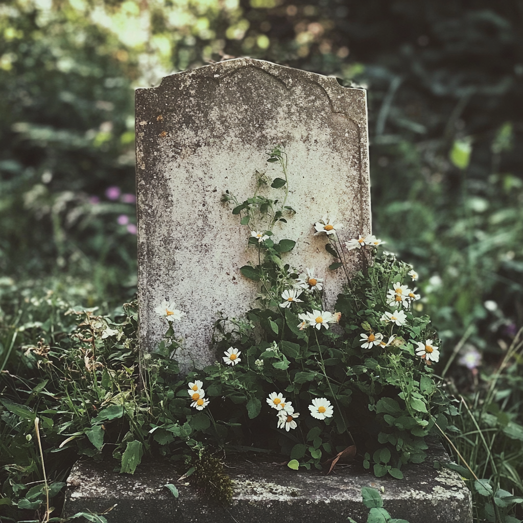 A tombstone with wildflowers growing around it | Source: no source