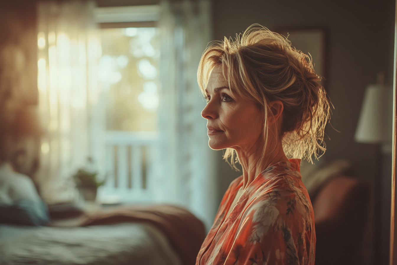 Woman standing snooping around in a huge master bedroom | Source: no source
