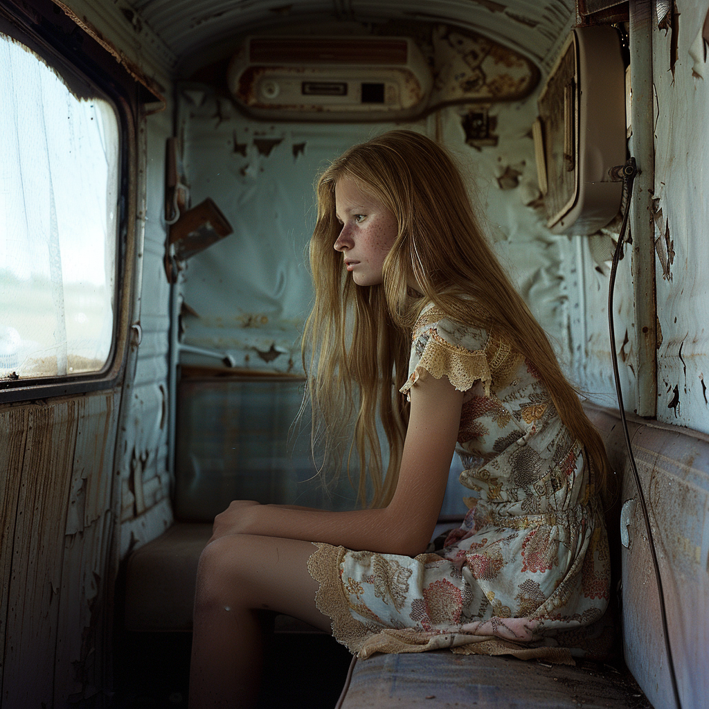 A girl inside a dilapidated trailer | Source: No source