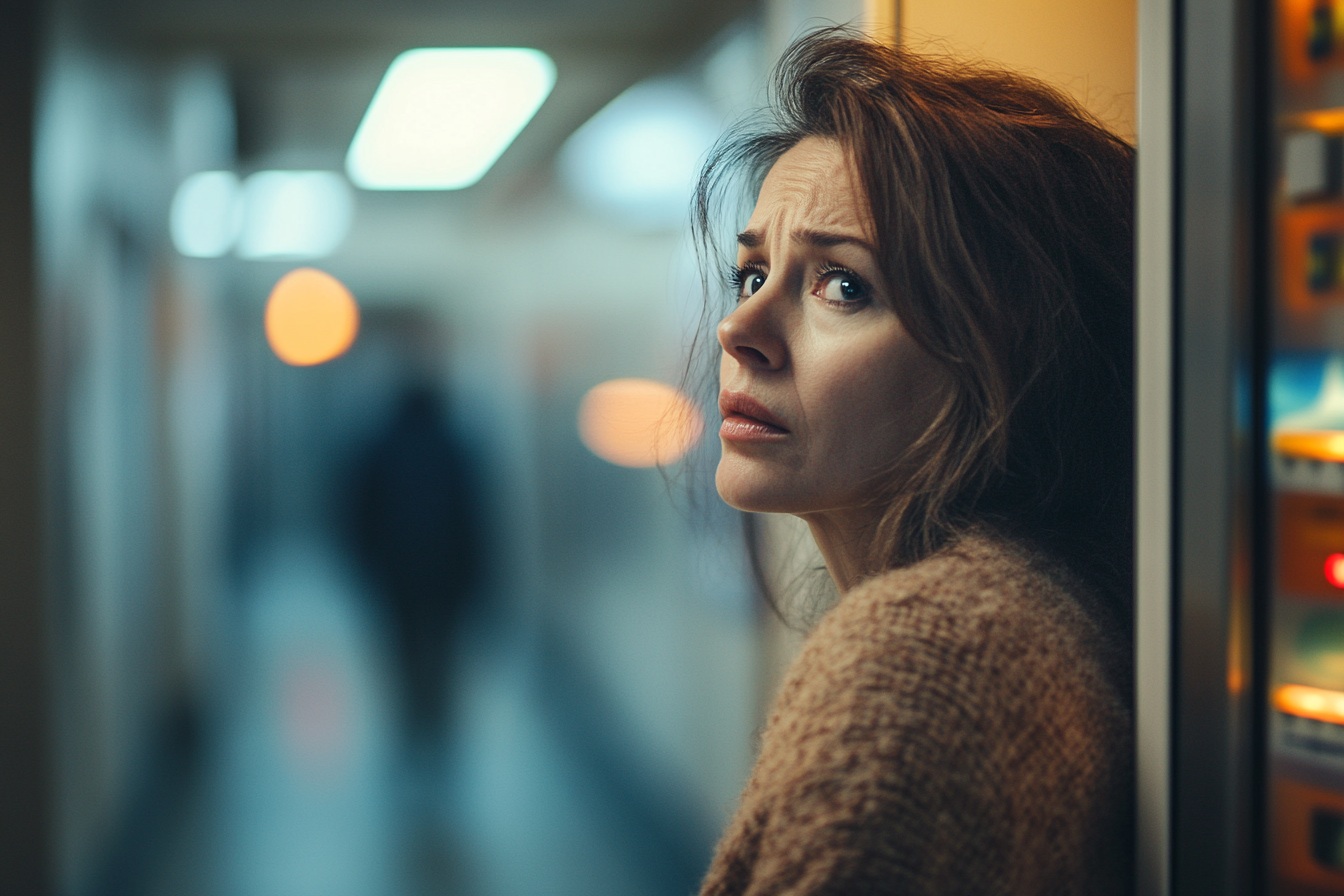 A woman hiding beside a vending machine | Source: no source