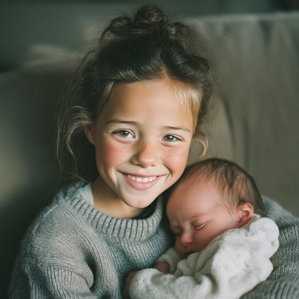 A happy girl holding her baby brother | Source: no source