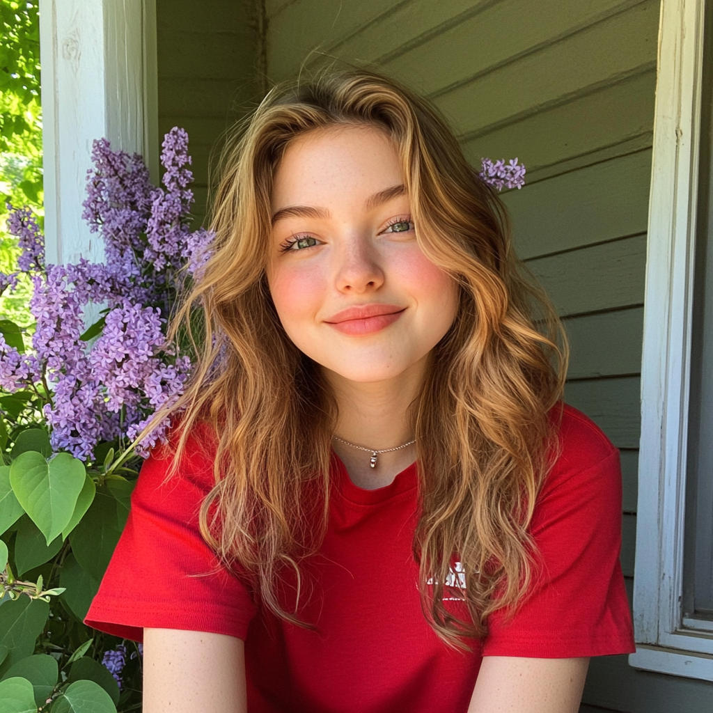 A smiling young woman sitting on a porch | Source: No source