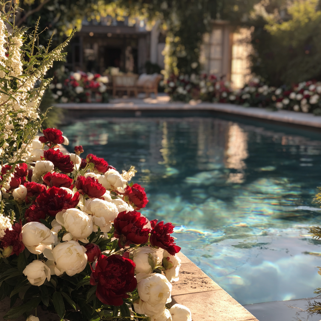 Floral bouquets by a pool | Source: No source