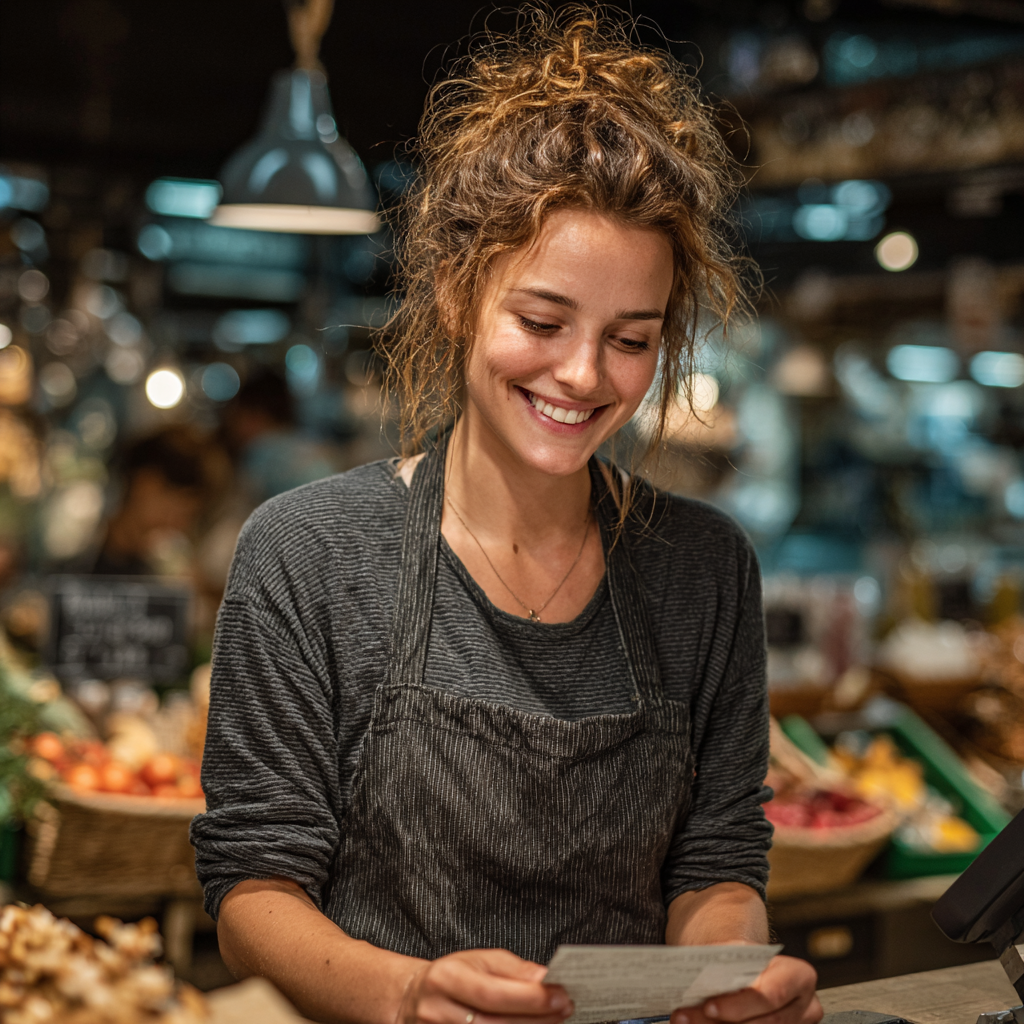 A happy cashier reading a note | Source: no source