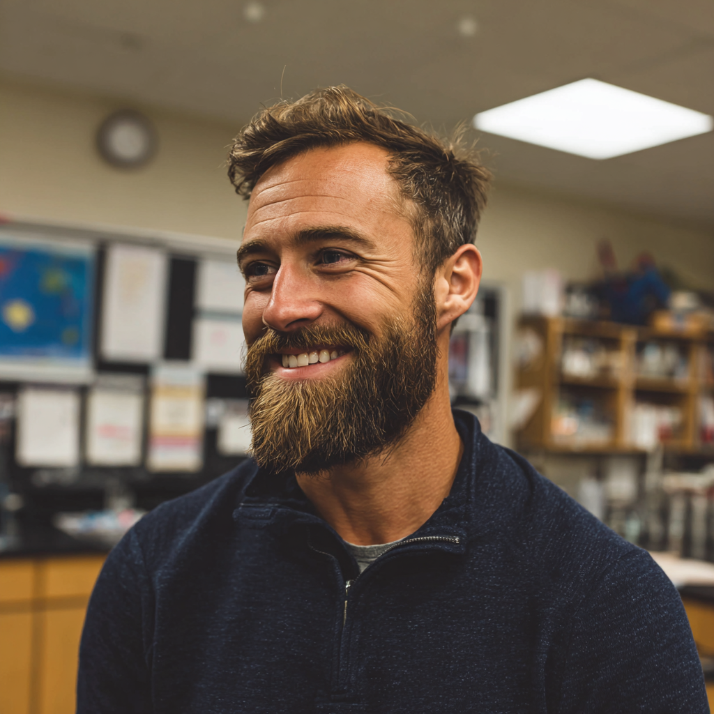 A smiling man standing in a classroom | Source:  no source