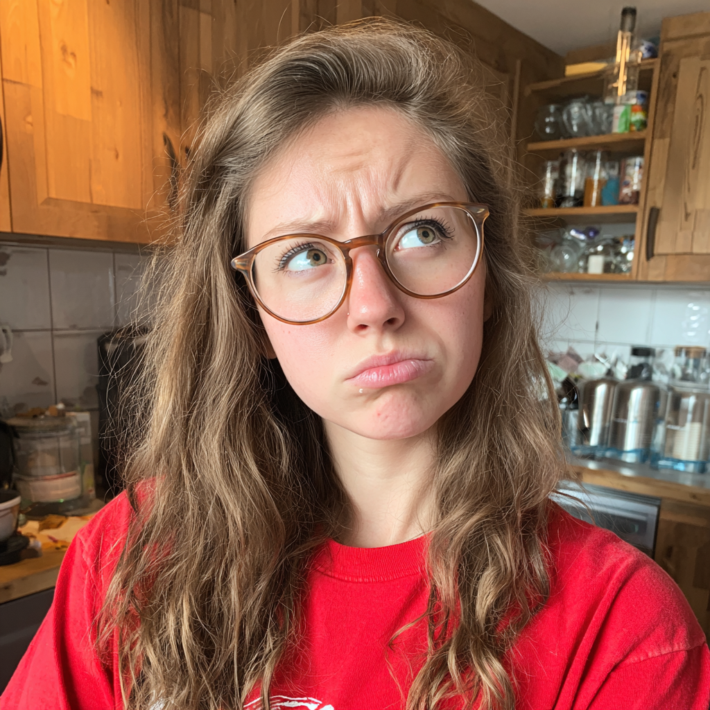 A frowning young woman standing in a kitchen | Source: no source