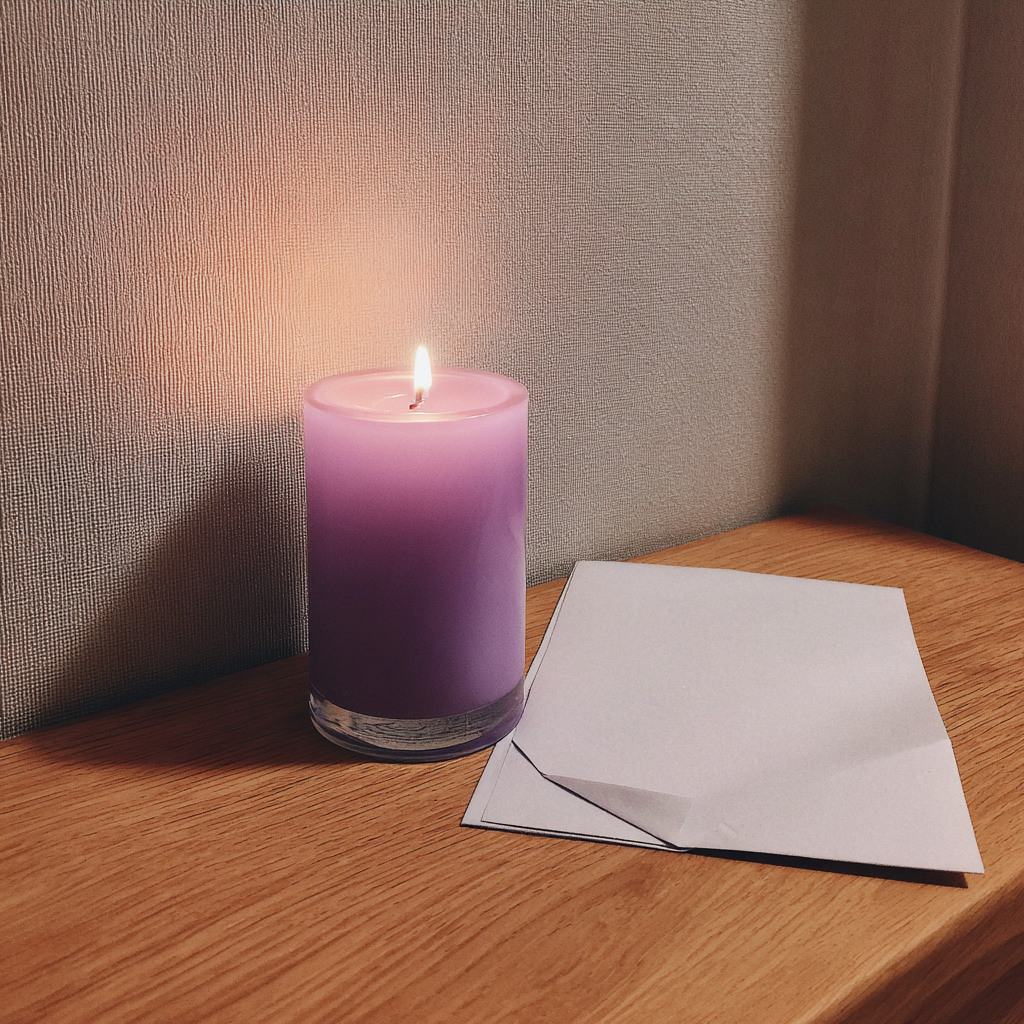 A candle and a piece of paper on a table | Source: No source