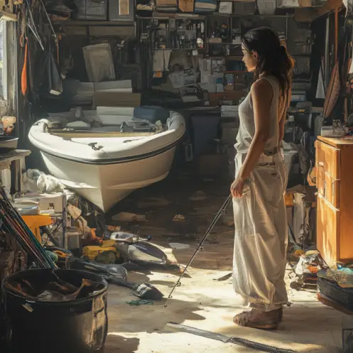 A woman standing in a cluttered garage, surveying fishing gear and a boat | Source: No source