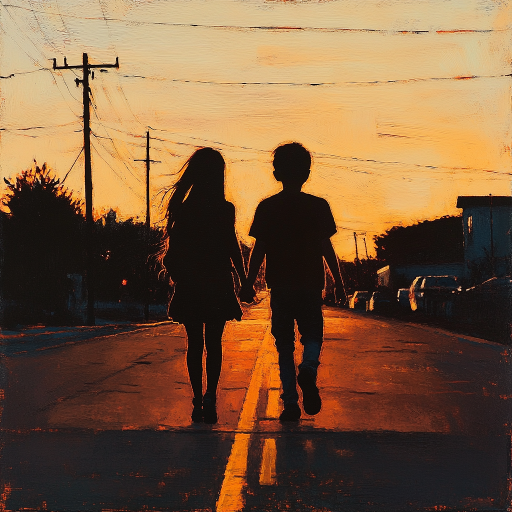 Silhouette of a boy and a girl walking on the road | Source: No source