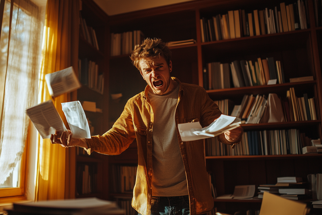 Angry man yelling in a study with papers flying | Source: no source